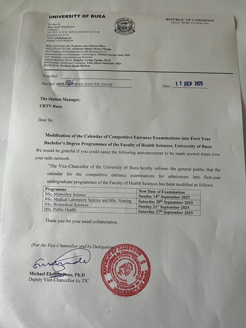 Competitive entrance Exam into first year university of Buea